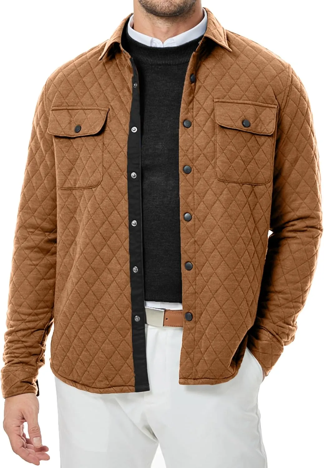 JMIERR Mens Quilted Shirt Jackets Casual Long Sleeve Snap Button Down Shirts with Pockets