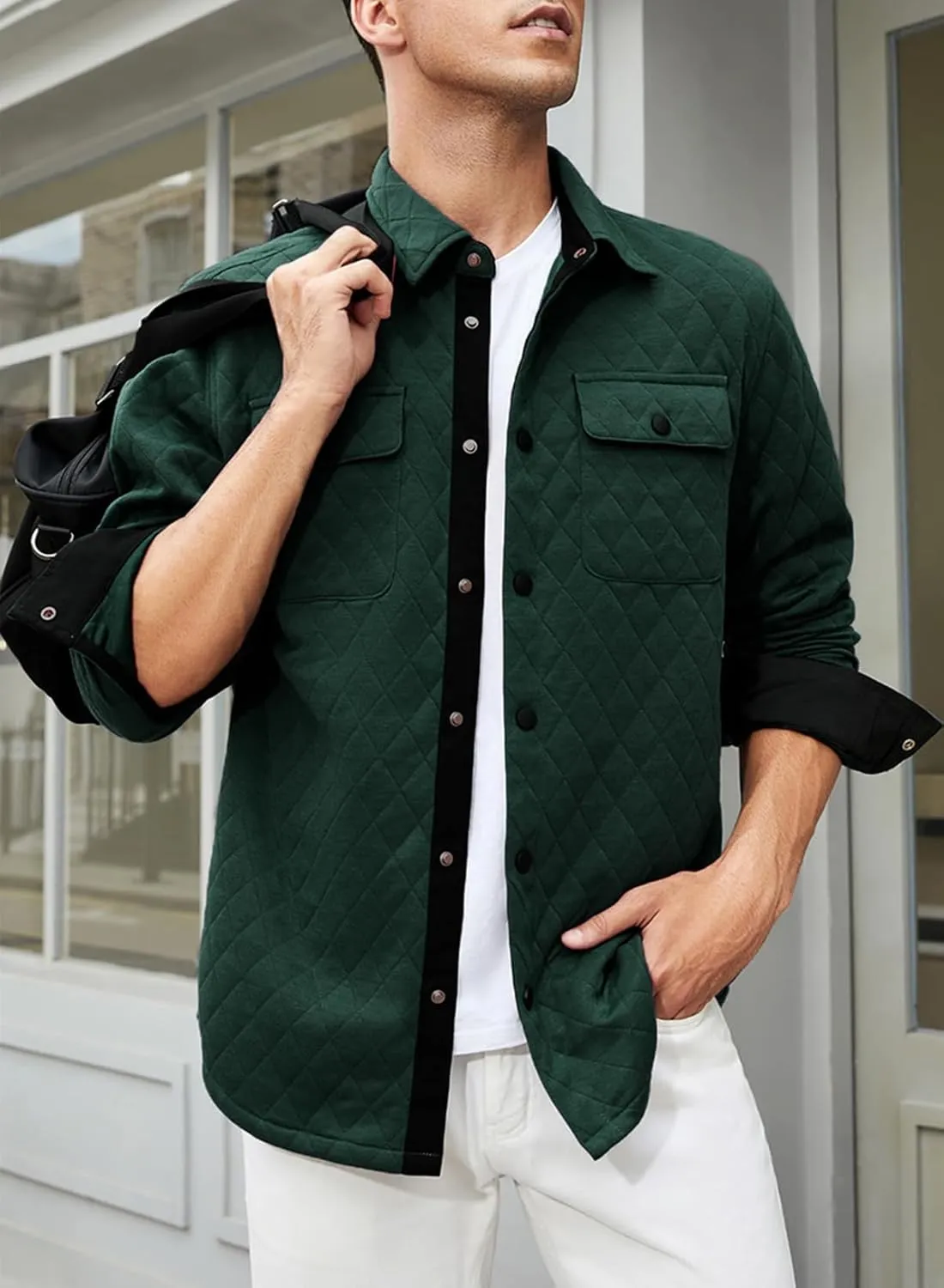 JMIERR Mens Quilted Shirt Jackets Casual Long Sleeve Snap Button Down Shirts with Pockets
