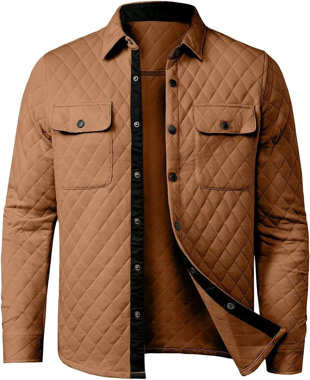 JMIERR Mens Quilted Shirt Jackets Casual Long Sleeve Snap Button Down Shirts with Pockets