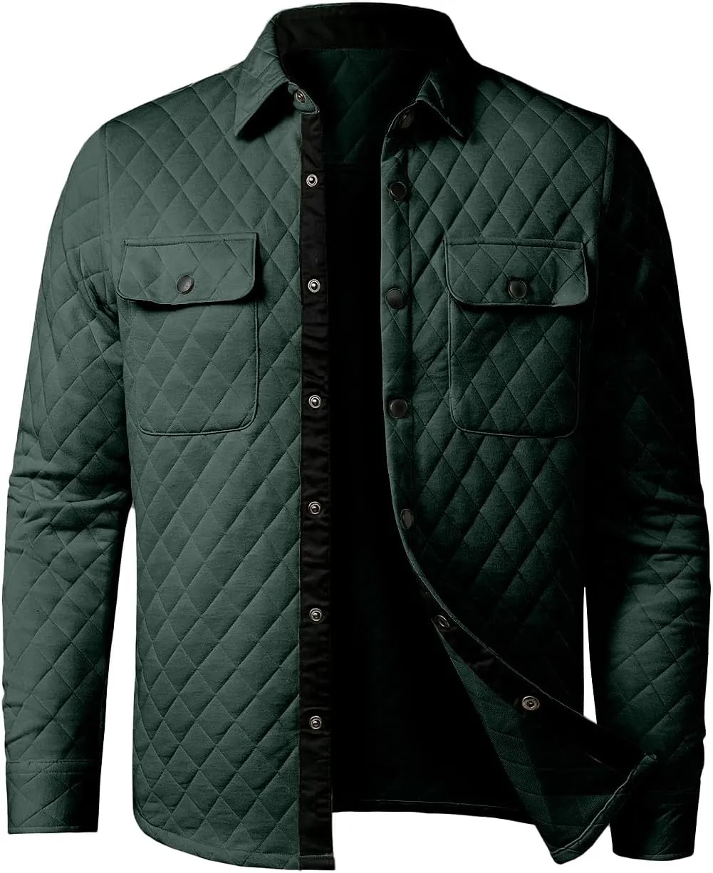 JMIERR Mens Quilted Shirt Jackets Casual Long Sleeve Snap Button Down Shirts with Pockets