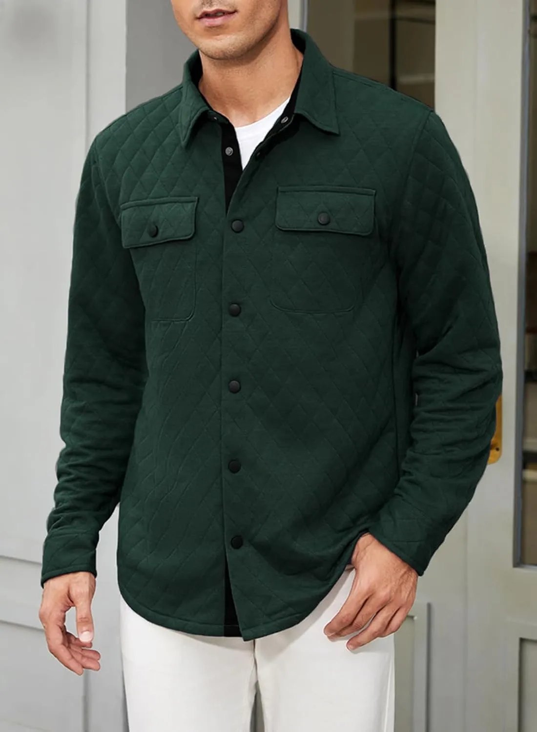 JMIERR Mens Quilted Shirt Jackets Casual Long Sleeve Snap Button Down Shirts with Pockets