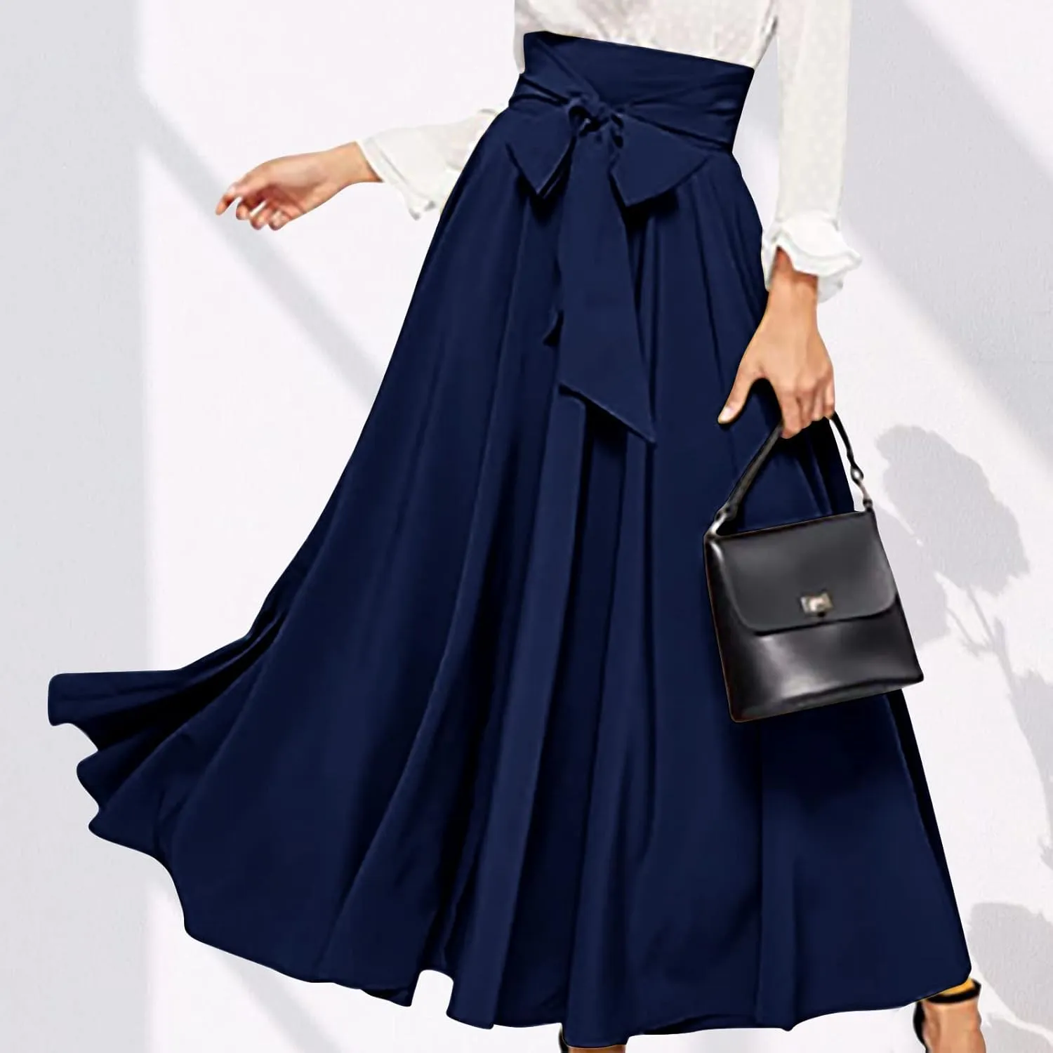 JOAU Women Casual Maxi Skirts Self Bowknot Front Elastic High Waisted Flowy Swing A-Line Lightweight Pleated Long Skirt
