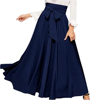 JOAU Women Casual Maxi Skirts Self Bowknot Front Elastic High Waisted Flowy Swing A-Line Lightweight Pleated Long Skirt