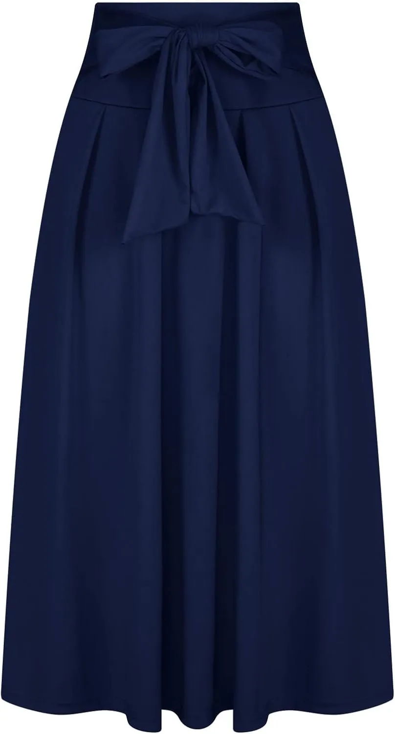 JOAU Women Casual Maxi Skirts Self Bowknot Front Elastic High Waisted Flowy Swing A-Line Lightweight Pleated Long Skirt