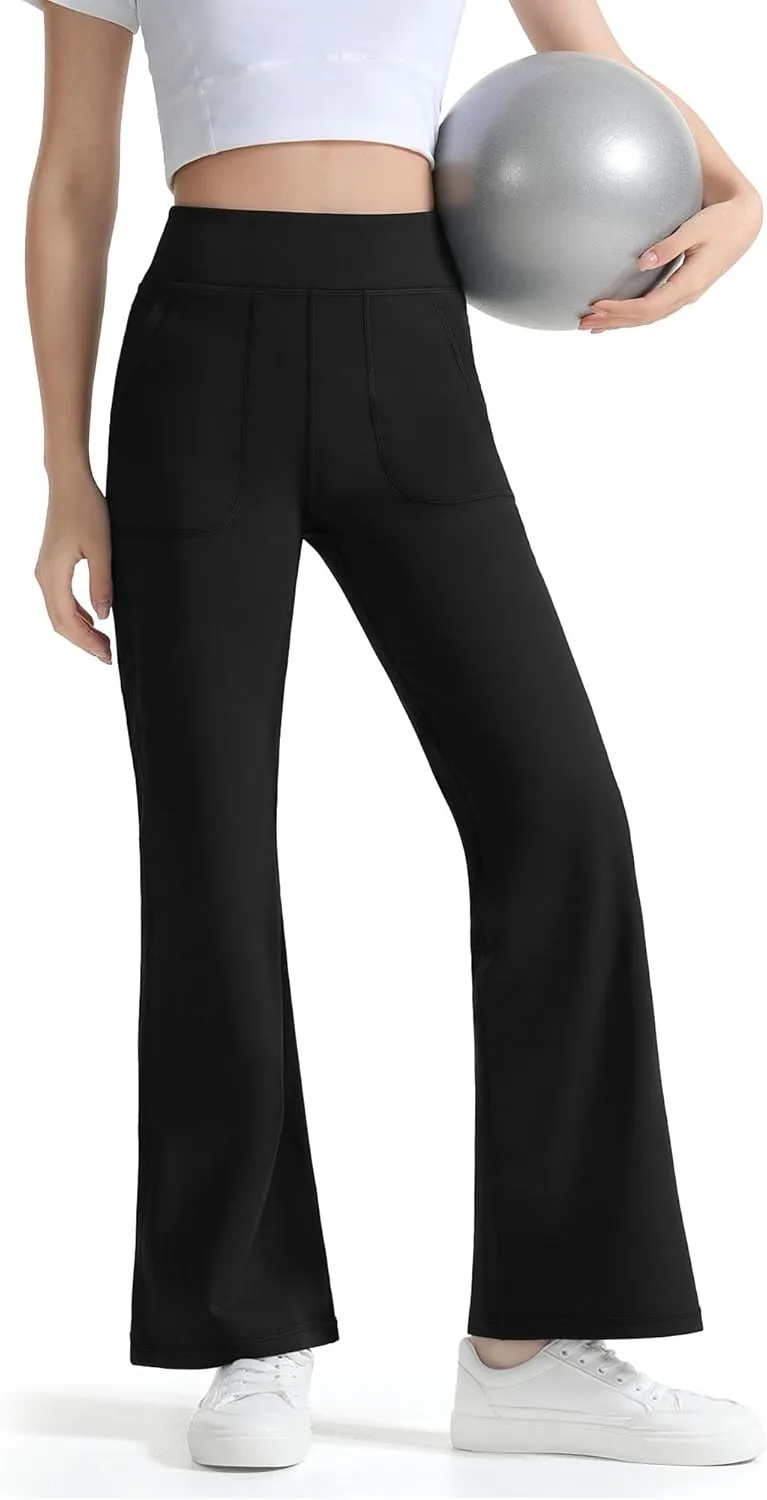 JOCMIC Girls Fleece Lined Flare Leggings High Waist Bell Bottoms Yoga Athletic Pants with Pockets for Kids