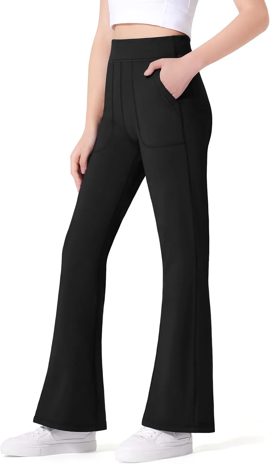 JOCMIC Girls Fleece Lined Flare Leggings High Waist Bell Bottoms Yoga Athletic Pants with Pockets for Kids