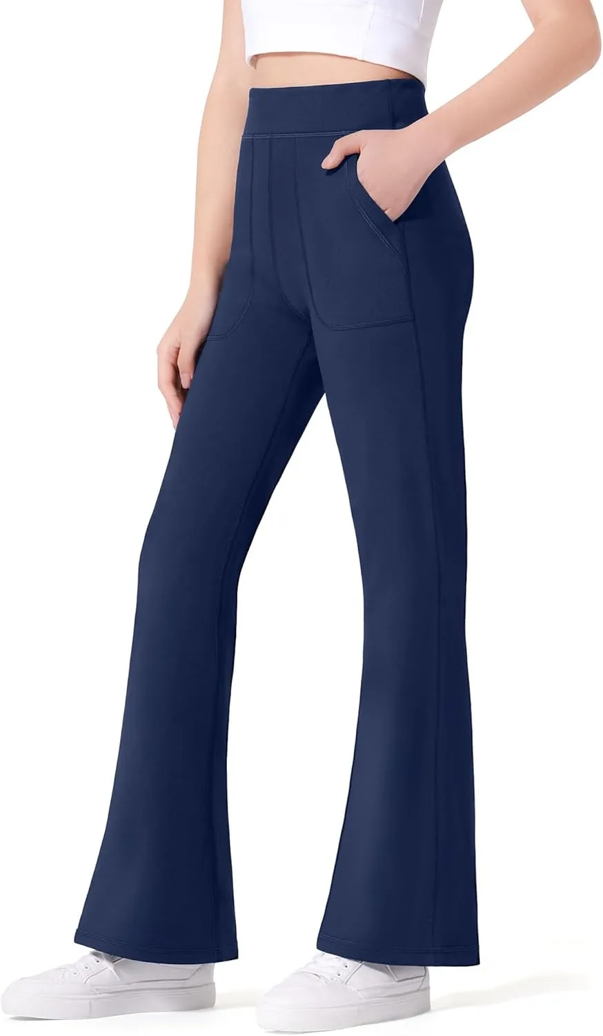 JOCMIC Girls Fleece Lined Flare Leggings High Waist Bell Bottoms Yoga Athletic Pants with Pockets for Kids