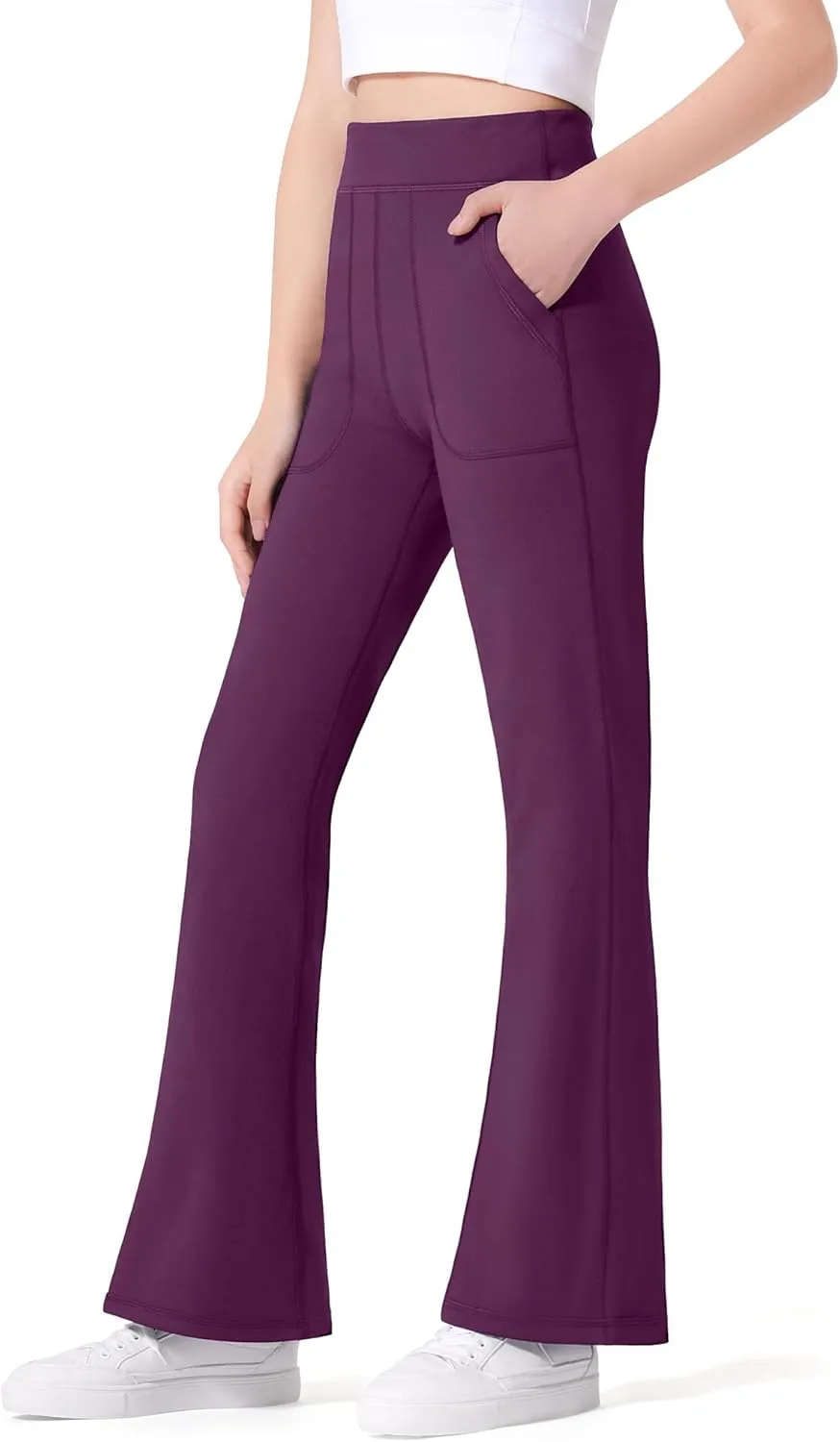 JOCMIC Girls Fleece Lined Flare Leggings High Waist Bell Bottoms Yoga Athletic Pants with Pockets for Kids