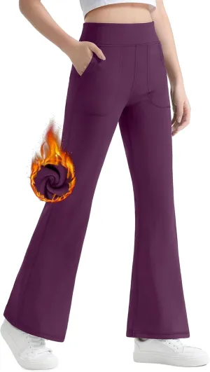 JOCMIC Girls Fleece Lined Flare Leggings High Waist Bell Bottoms Yoga Athletic Pants with Pockets for Kids