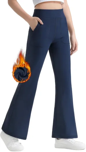 JOCMIC Girls Fleece Lined Flare Leggings High Waist Bell Bottoms Yoga Athletic Pants with Pockets for Kids