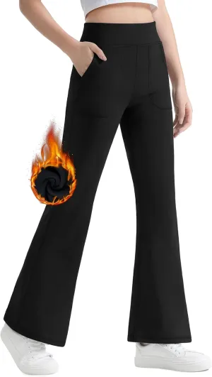 JOCMIC Girls Fleece Lined Flare Leggings High Waist Bell Bottoms Yoga Athletic Pants with Pockets for Kids