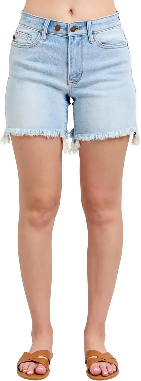 Judy Blue Women's High-Rise Long Cut Off Raw Hem 2 Button Dad Shorts