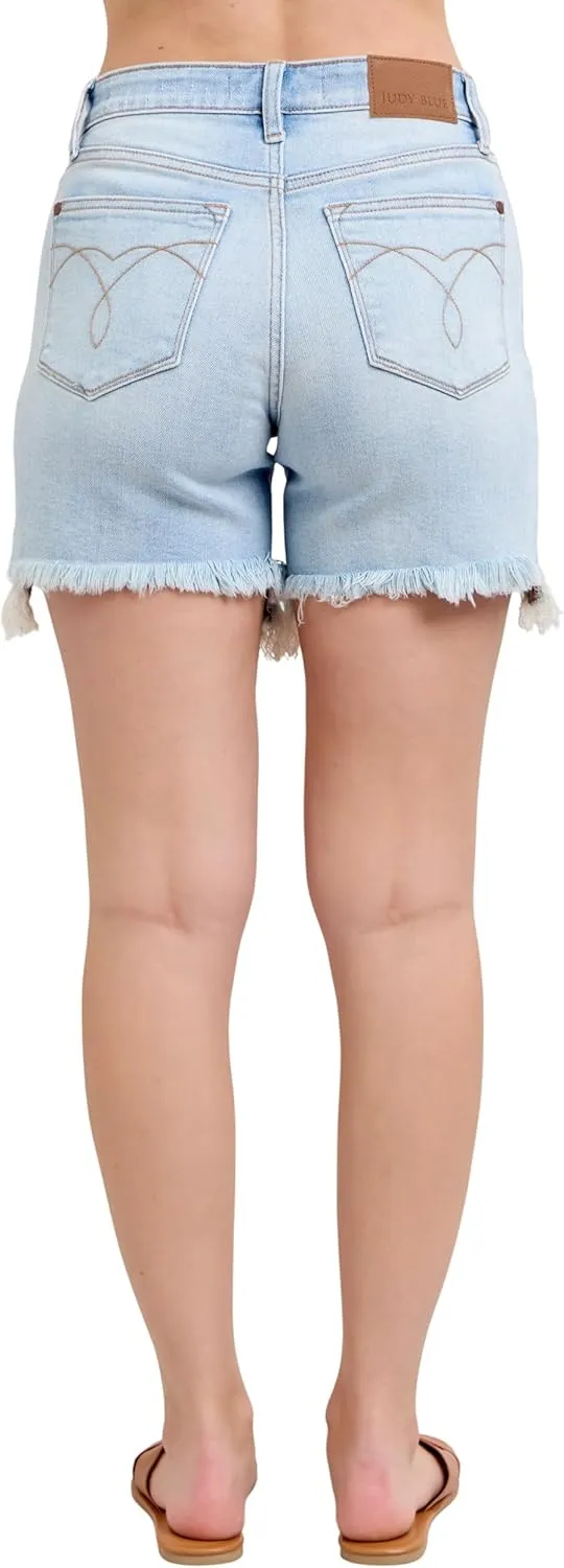 Judy Blue Women's High-Rise Long Cut Off Raw Hem 2 Button Dad Shorts