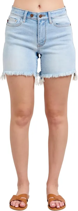 Judy Blue Women's High-Rise Long Cut Off Raw Hem 2 Button Dad Shorts