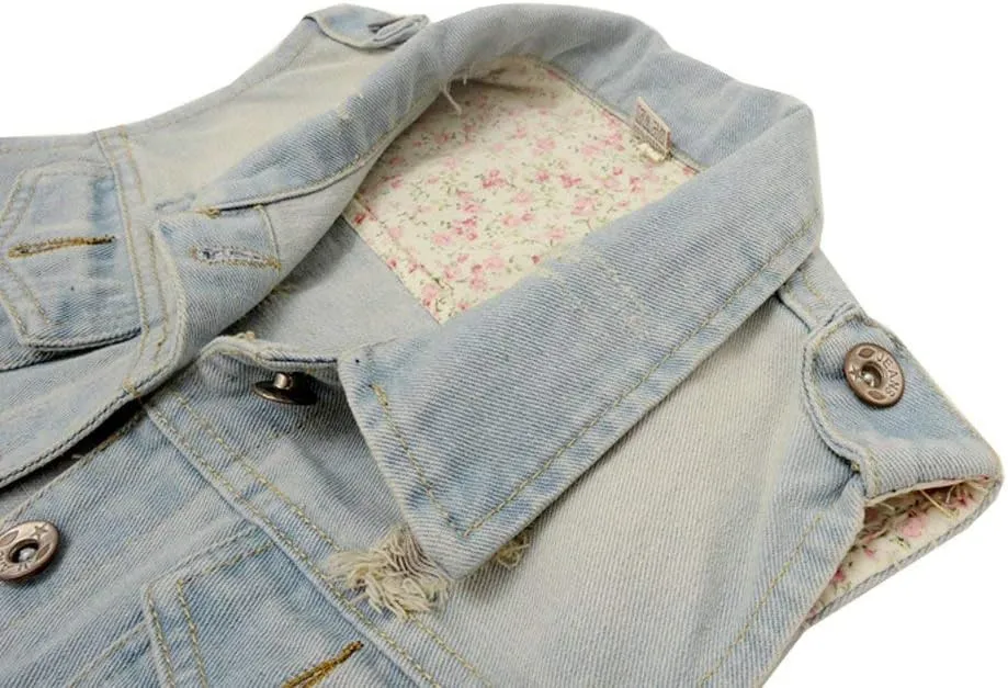 Kedera Womens Denim Jean Vest Classic Junior Button Up Cropped Distressed Sleeveless Jean Jacket