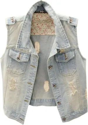 Kedera Womens Denim Jean Vest Classic Junior Button Up Cropped Distressed Sleeveless Jean Jacket