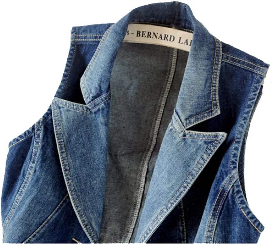 Kedera Women's Lapel Washed Blue Denim Vest Button Up Waistcoat Jean Jacket