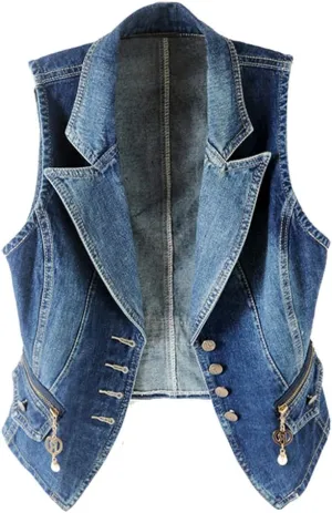 Kedera Women's Lapel Washed Blue Denim Vest Button Up Waistcoat Jean Jacket