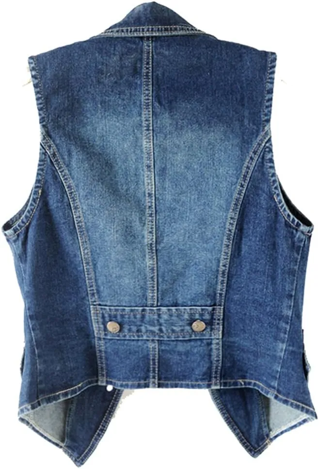 Kedera Women's Lapel Washed Blue Denim Vest Button Up Waistcoat Jean Jacket