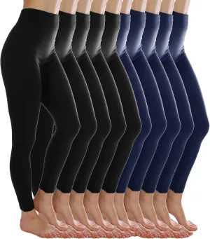 Kuda Moda 10 Pack Women's Winter Fleece Lined Brushed Warm Full Length Thermal Leggings - One Size fits 0-12 (S, M, L)