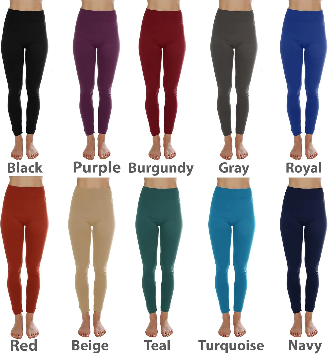 Kuda Moda 10 Pack Women's Winter Fleece Lined Brushed Warm Full Length Thermal Leggings - One Size fits 0-12 (S, M, L)