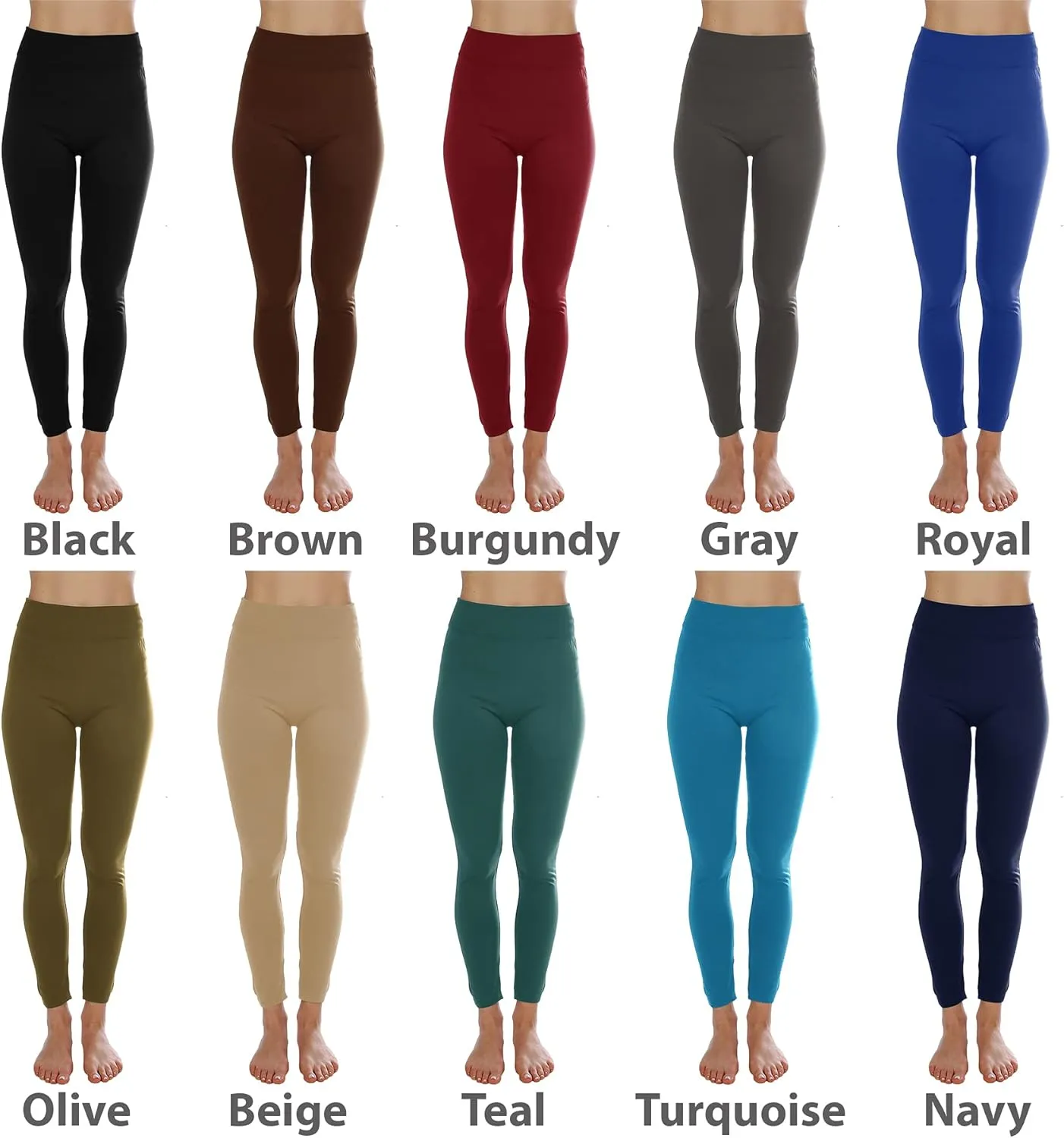 Kuda Moda 10 Pack Women's Winter Fleece Lined Brushed Warm Full Length Thermal Leggings - One Size fits 0-12 (S, M, L)