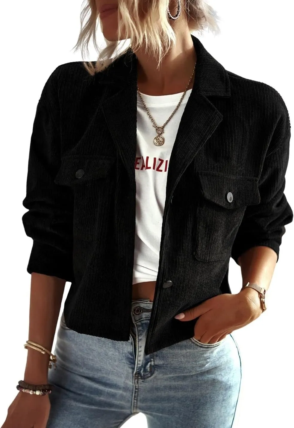 Kwoki Women's Corduroy Jackets Casual Long Sleeve Button Down Shirt Jacket Shacket Fashion Trendy Blazer Tops with Pockets