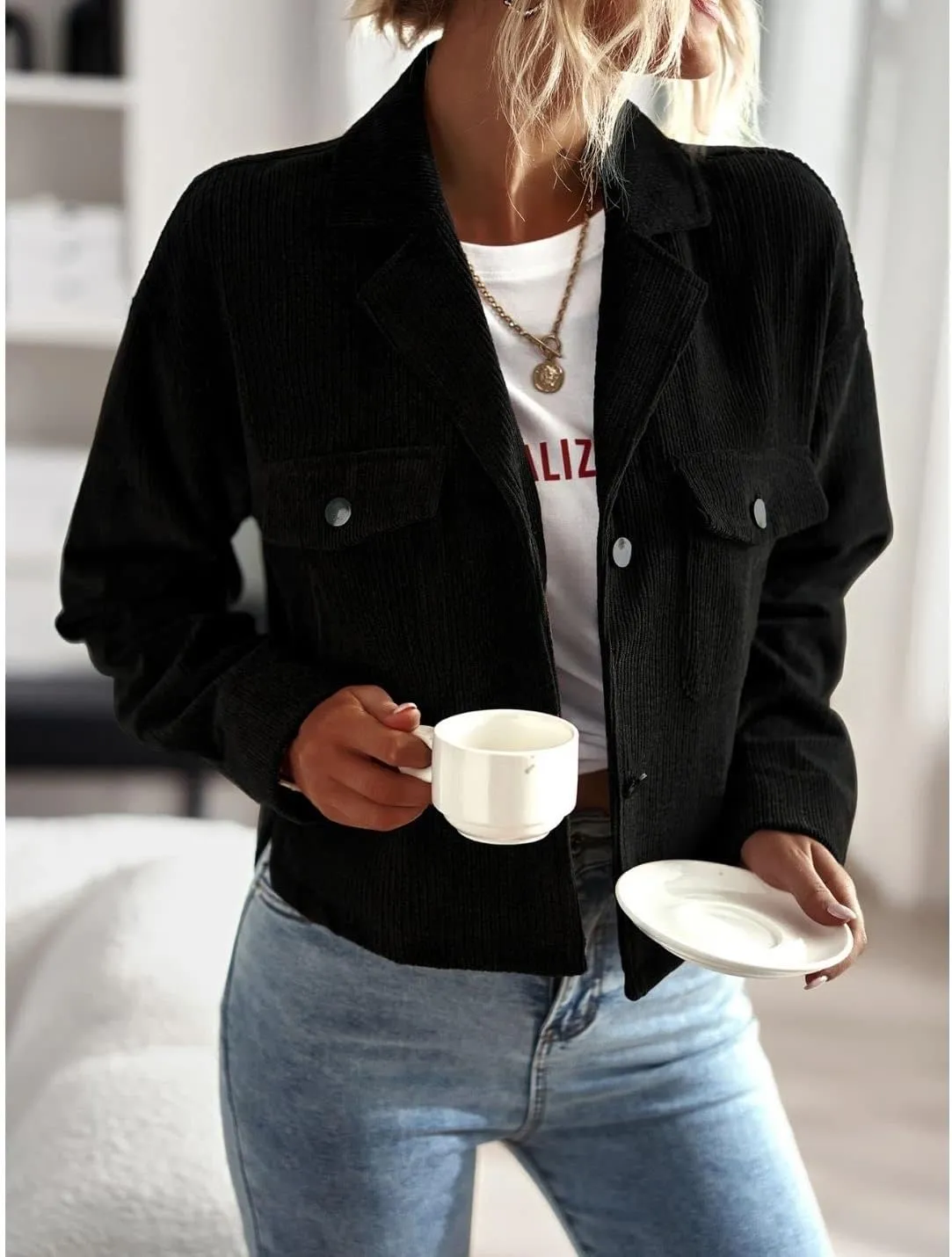 Kwoki Women's Corduroy Jackets Casual Long Sleeve Button Down Shirt Jacket Shacket Fashion Trendy Blazer Tops with Pockets