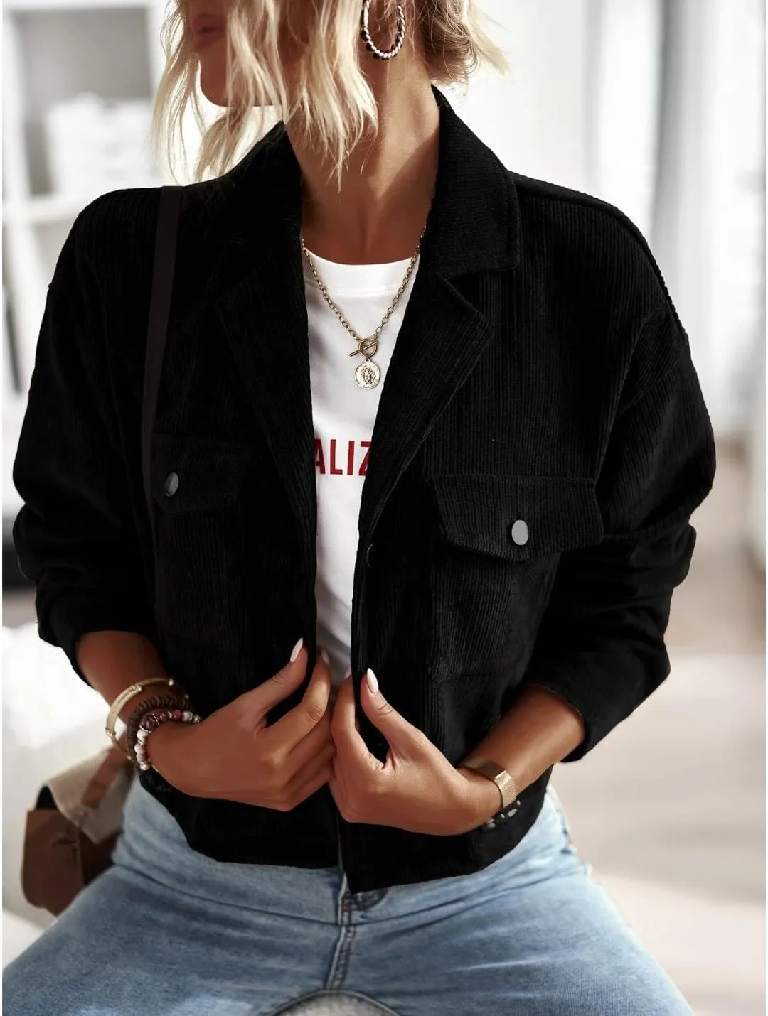 Kwoki Women's Corduroy Jackets Casual Long Sleeve Button Down Shirt Jacket Shacket Fashion Trendy Blazer Tops with Pockets