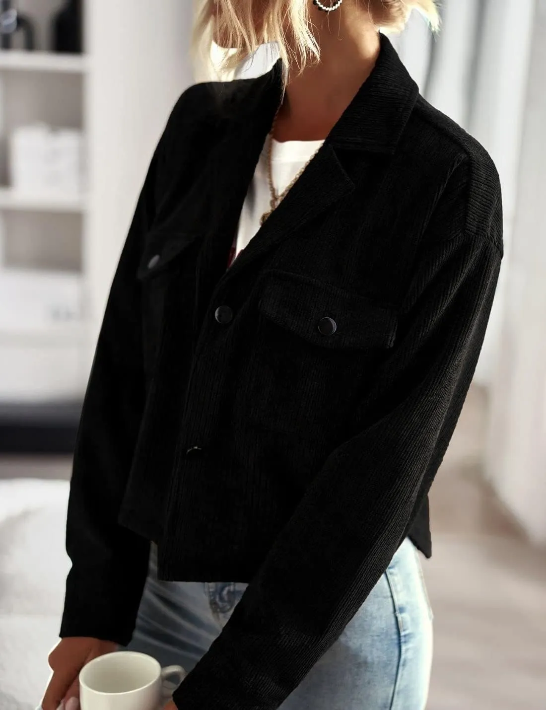 Kwoki Women's Corduroy Jackets Casual Long Sleeve Button Down Shirt Jacket Shacket Fashion Trendy Blazer Tops with Pockets