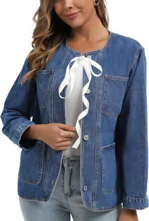 Ladyful Womens Collarless Denim Jacket Trendy Long Sleeve Jean Jacket Casual Button Down Denim Shacket