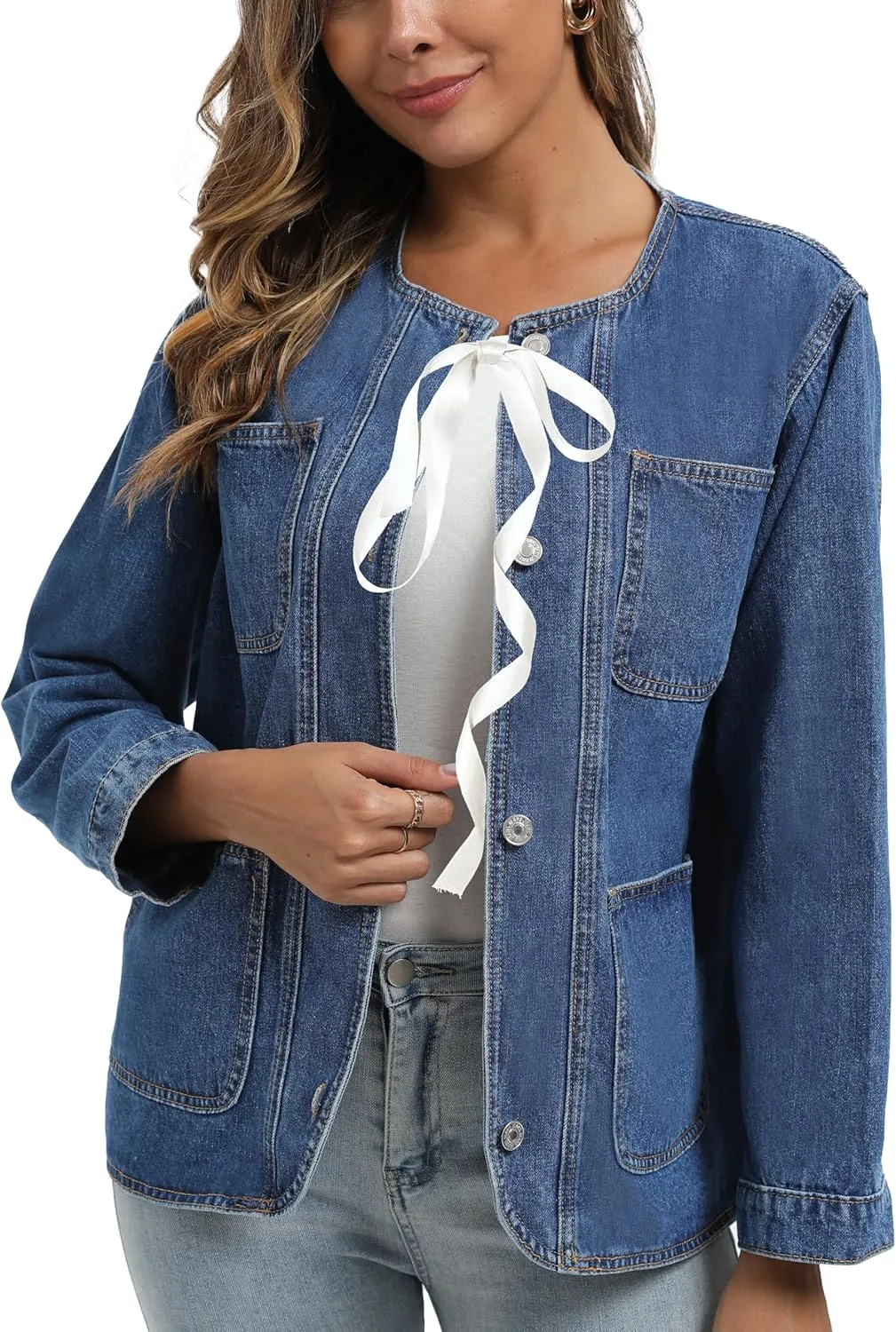 Ladyful Womens Collarless Denim Jacket Trendy Long Sleeve Jean Jacket Casual Button Down Denim Shacket