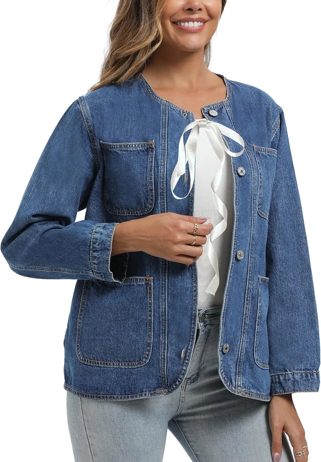 Ladyful Womens Collarless Denim Jacket Trendy Long Sleeve Jean Jacket Casual Button Down Denim Shacket