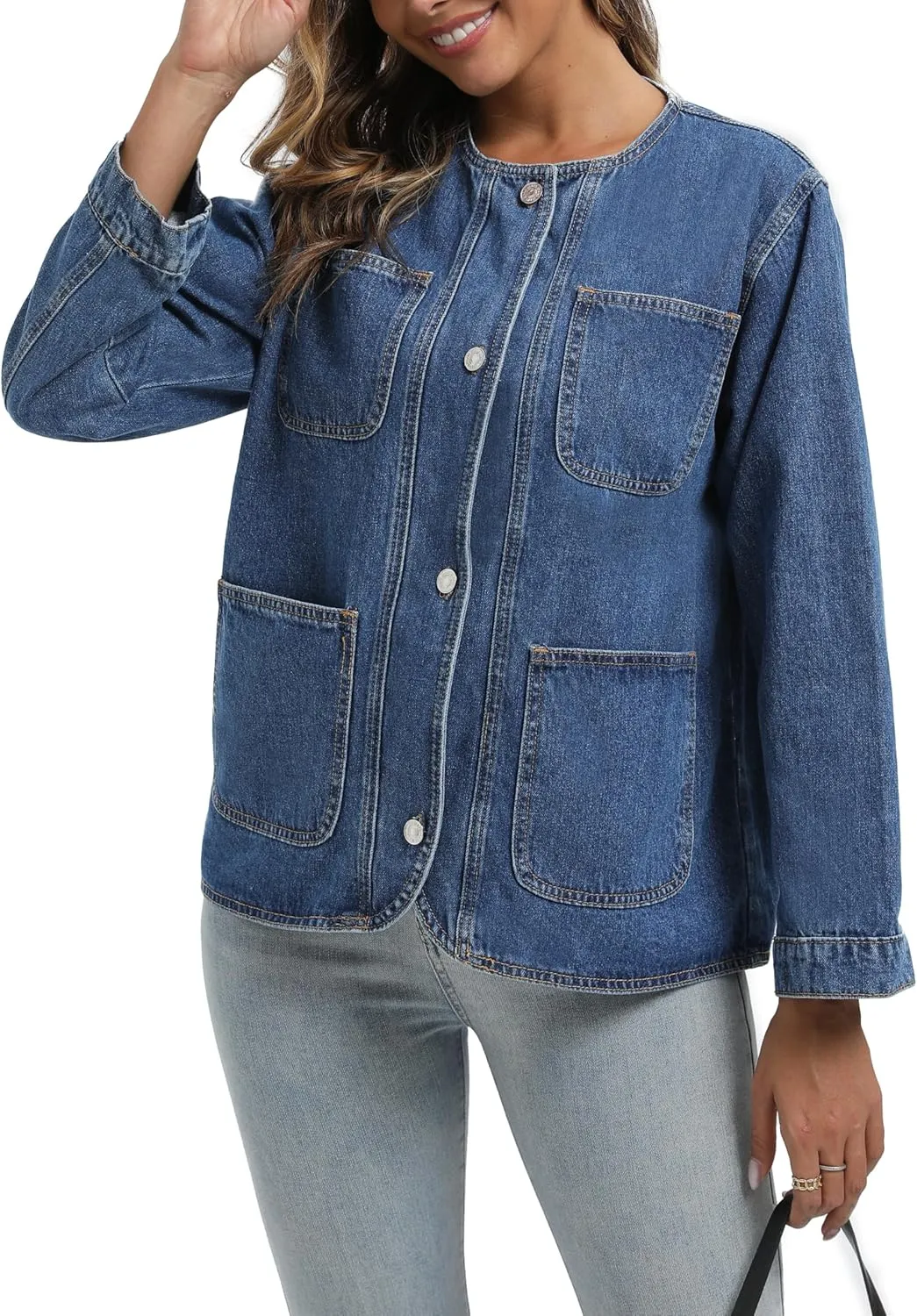 Ladyful Womens Collarless Denim Jacket Trendy Long Sleeve Jean Jacket Casual Button Down Denim Shacket