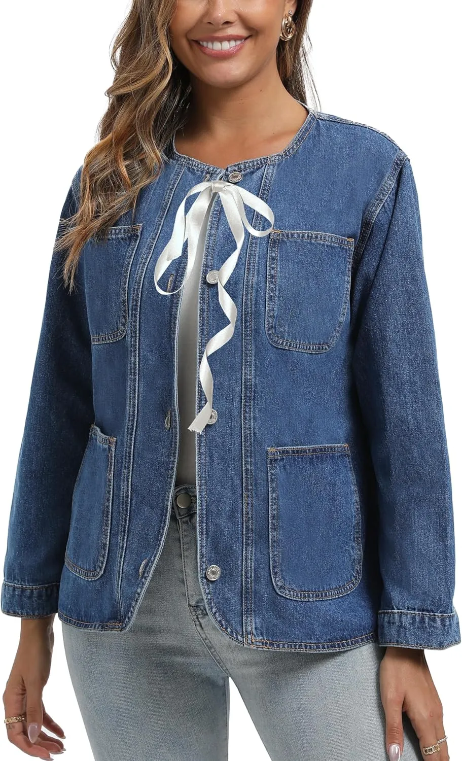 Ladyful Womens Collarless Denim Jacket Trendy Long Sleeve Jean Jacket Casual Button Down Denim Shacket