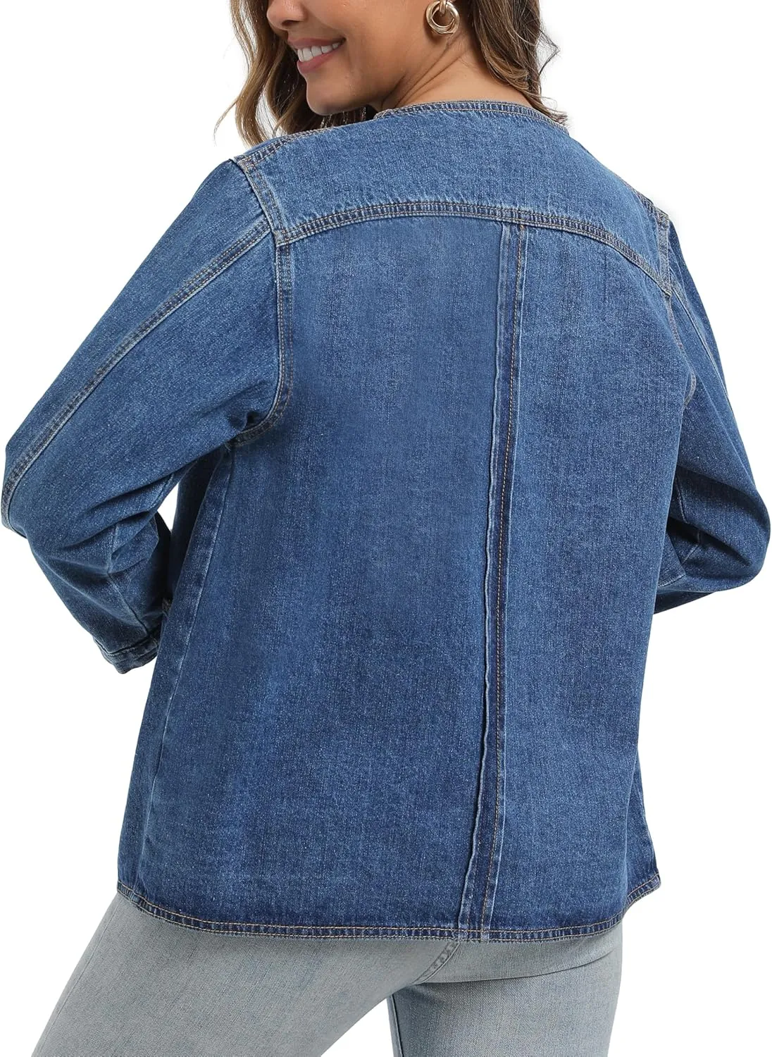 Ladyful Womens Collarless Denim Jacket Trendy Long Sleeve Jean Jacket Casual Button Down Denim Shacket