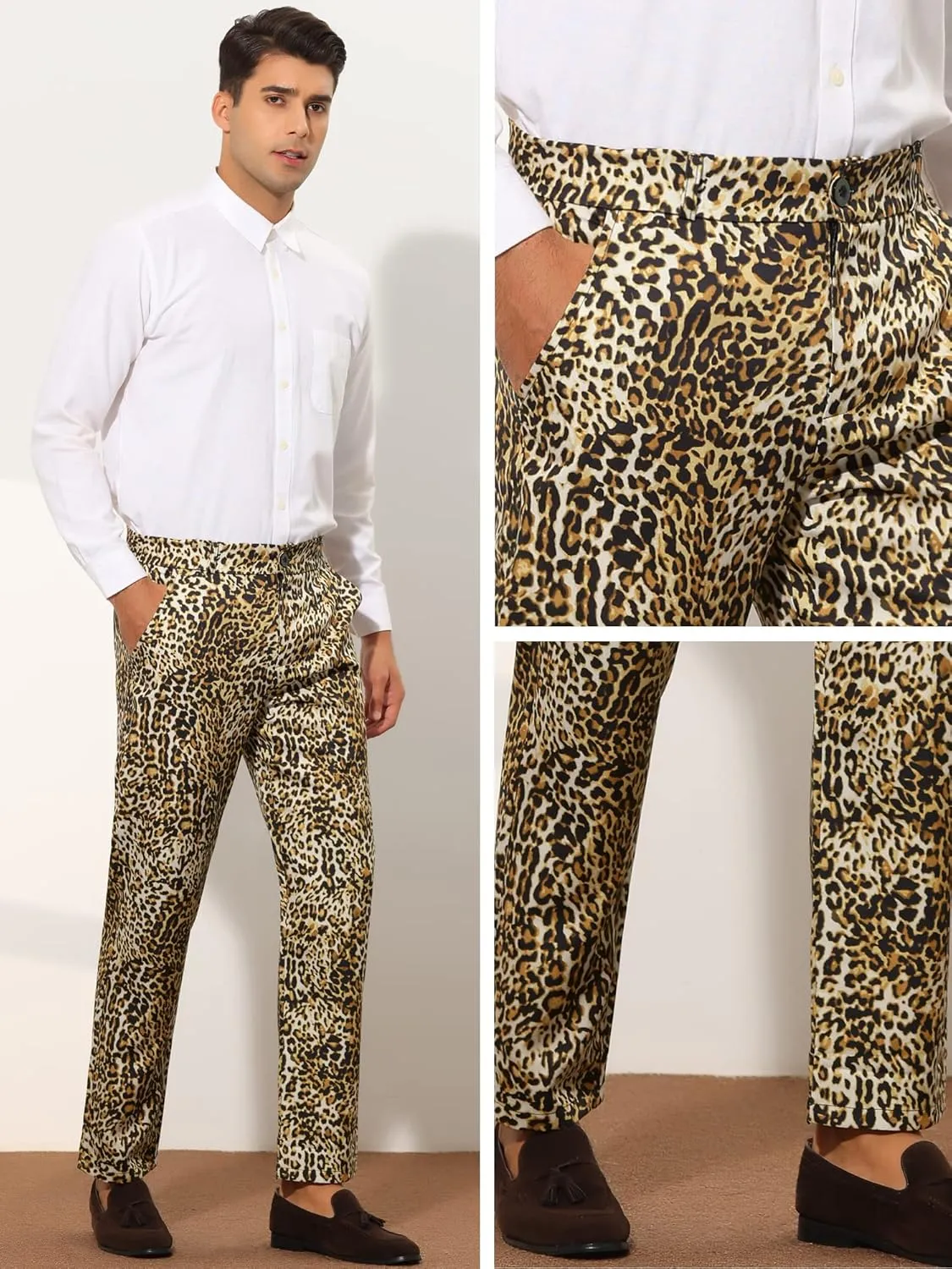 Lars Amadeus Animal Printed Dress Pants for Men's Regular Fit Button Closure Pattern Trousers