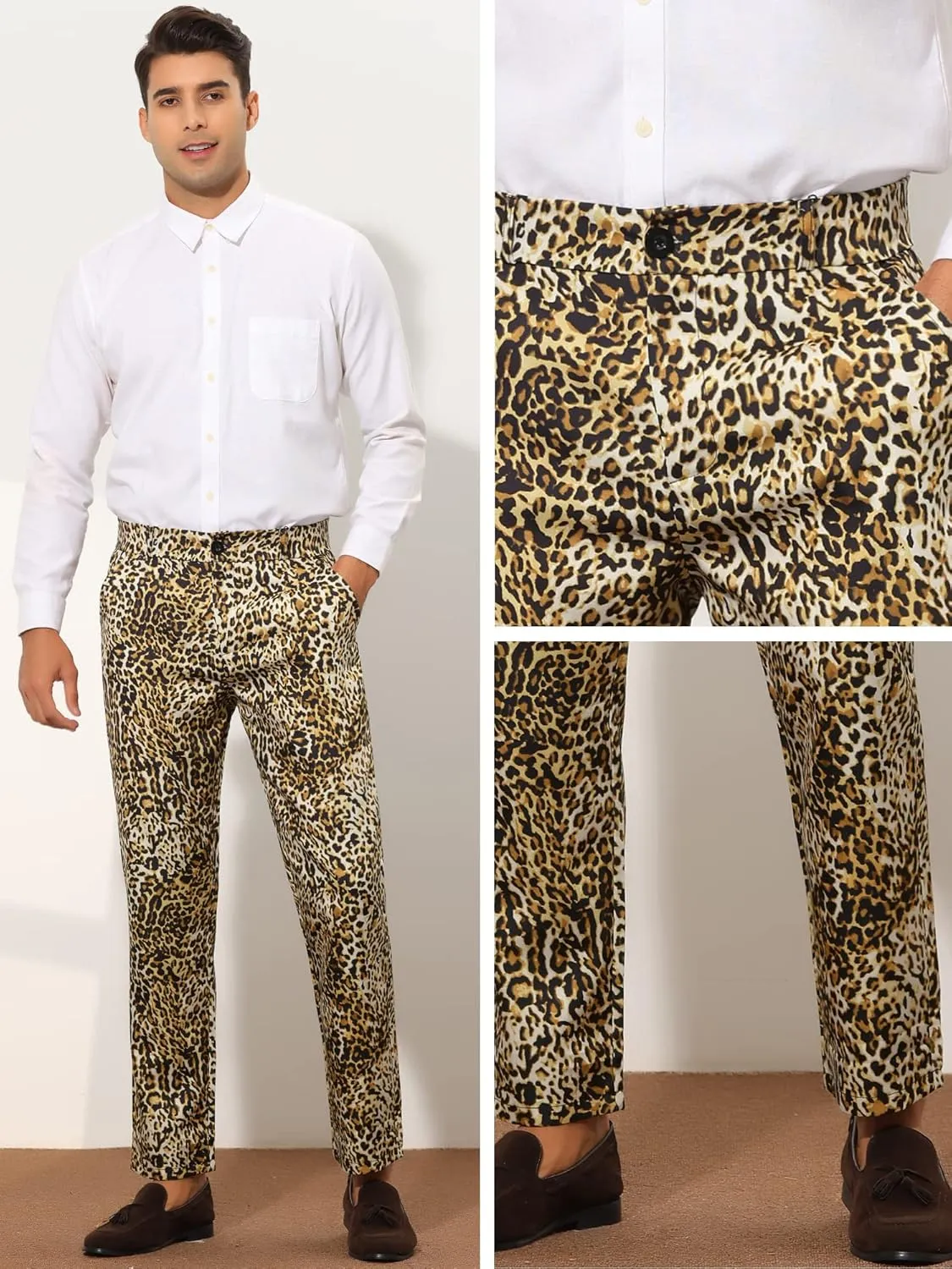 Lars Amadeus Animal Printed Dress Pants for Men's Regular Fit Button Closure Pattern Trousers