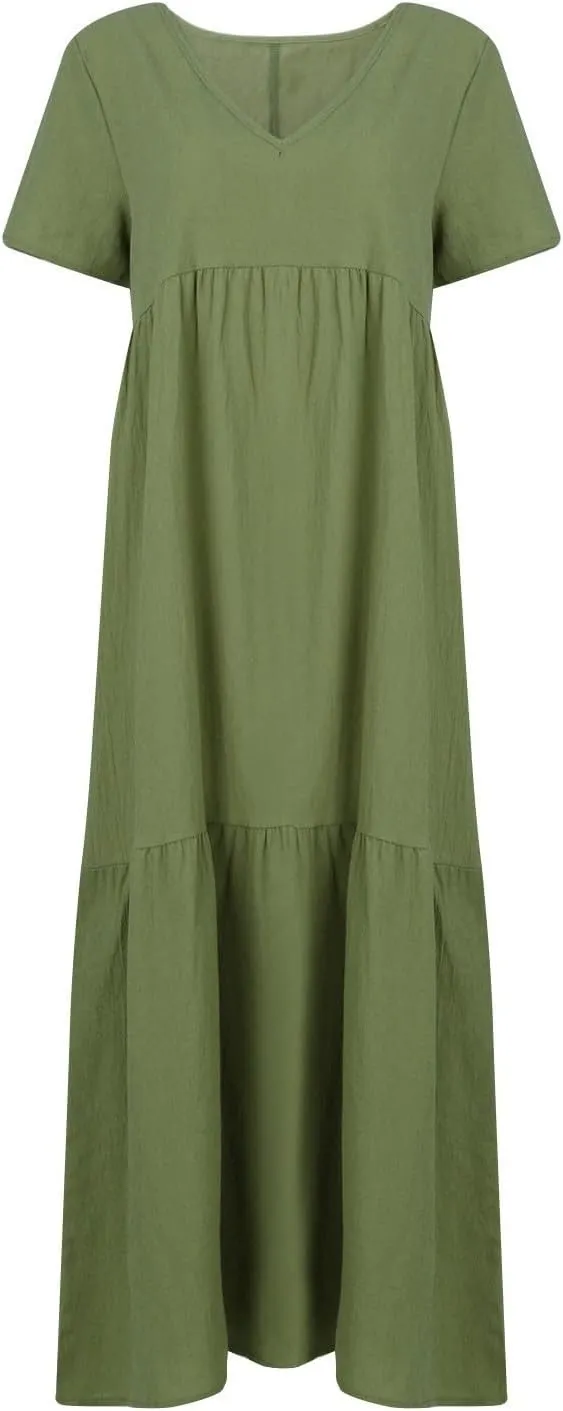 Linen Dresses for Women 2025 Trendy Summer Plus Size Maxi Dress Casual Loose V Neck Boho Flowy Beach Vacation Outfits