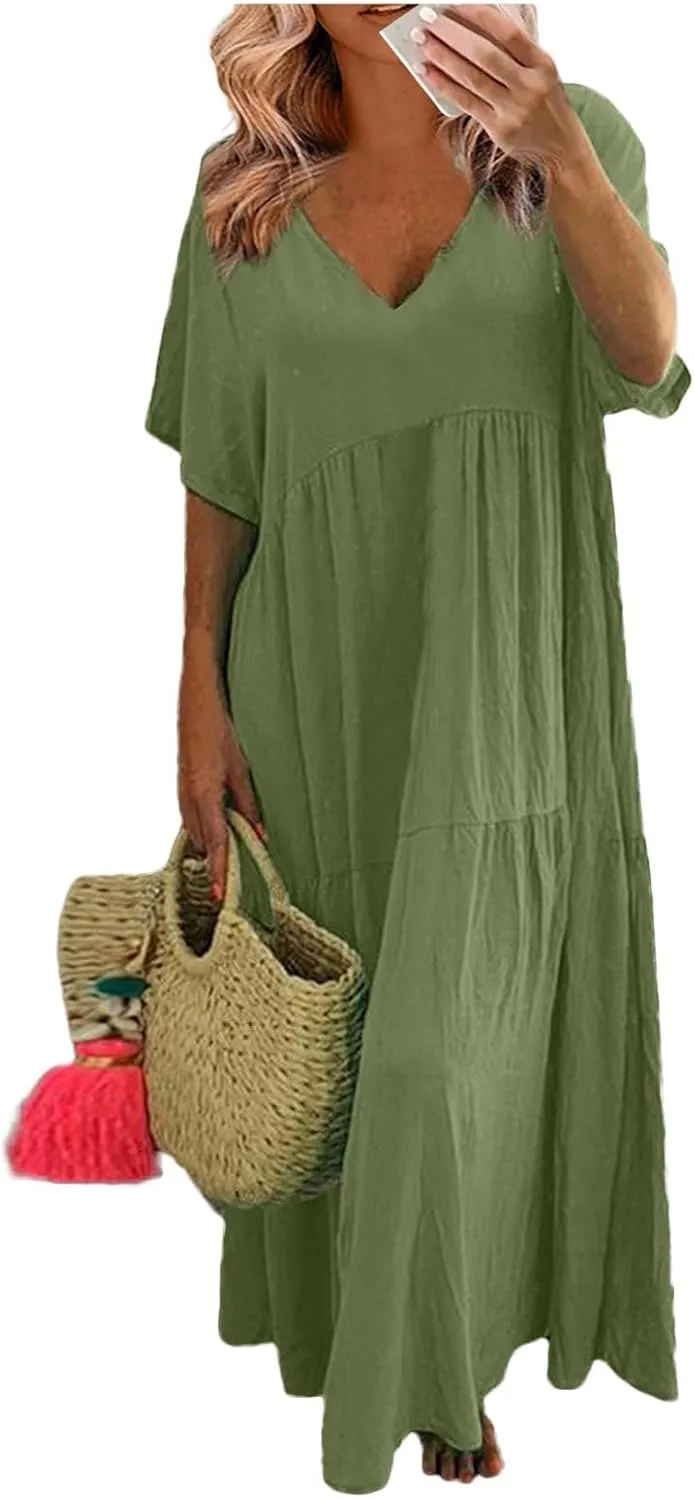 Linen Dresses for Women 2025 Trendy Summer Plus Size Maxi Dress Casual Loose V Neck Boho Flowy Beach Vacation Outfits