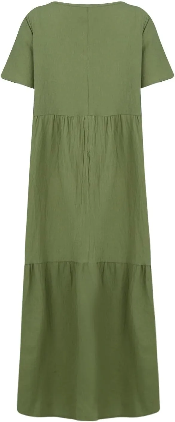 Linen Dresses for Women 2025 Trendy Summer Plus Size Maxi Dress Casual Loose V Neck Boho Flowy Beach Vacation Outfits