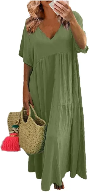 Linen Dresses for Women 2025 Trendy Summer Plus Size Maxi Dress Casual Loose V Neck Boho Flowy Beach Vacation Outfits