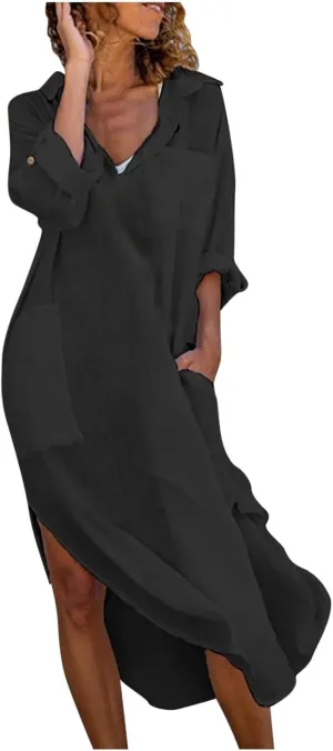 Linen Maxi Dress for Women Button Down Vacation Dress Casual Beach Dresses 2025 Flowy Summer Sun Dress with Pockets