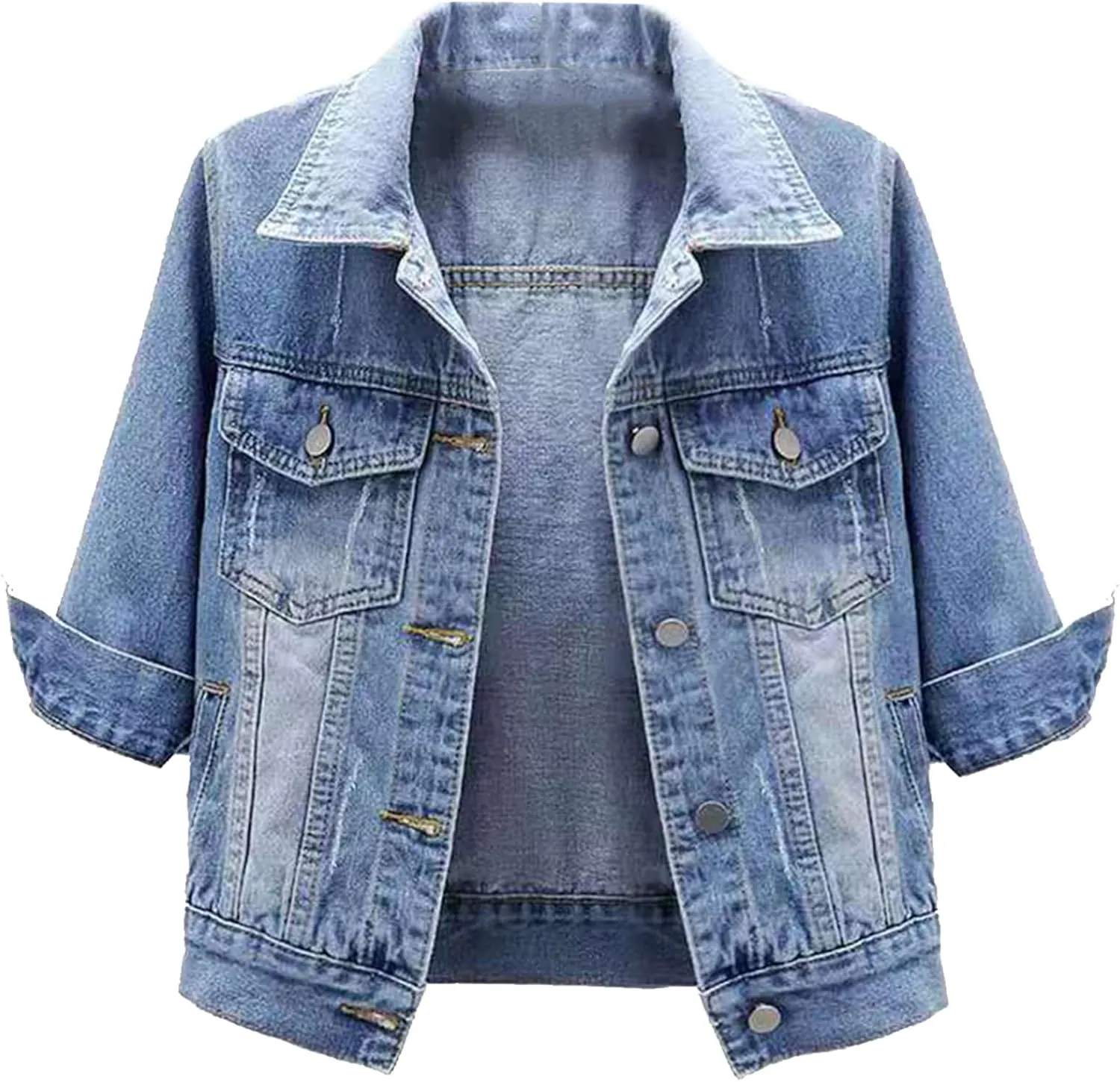 Linjinx Women's Turn-down Collar 3/4 Sleeve Denim Jacket Casual Jean Jacket Trucker Coats Tops