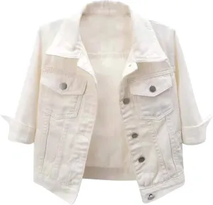 Linjinx Women's Turn-down Collar 3/4 Sleeve Denim Jacket Casual Jean Jacket Trucker Coats Tops