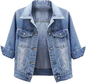 Linjinx Women's Turn-down Collar 3/4 Sleeve Denim Jacket Casual Jean Jacket Trucker Coats Tops