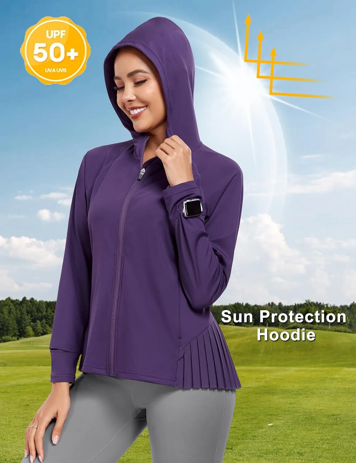 Little Donkey Andy Women's Golf Hoodie Jacket with Pleated Tennis Skirt Hem Full Zip Sun Protection Running Athletic Jackets