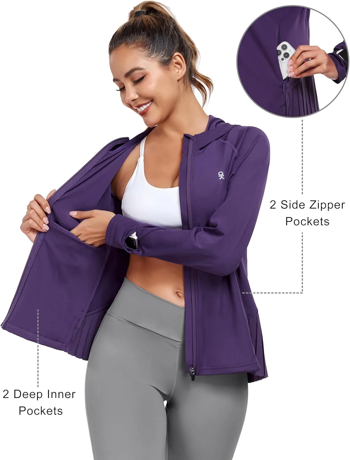 Little Donkey Andy Women's Golf Hoodie Jacket with Pleated Tennis Skirt Hem Full Zip Sun Protection Running Athletic Jackets
