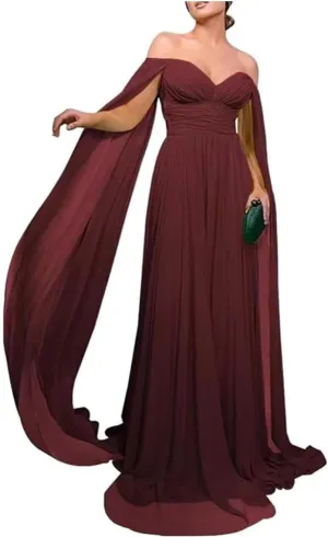 Long Evening Party Dresses with Flare Cape Split Sleeve Women Formal Fall Wedding Guest
