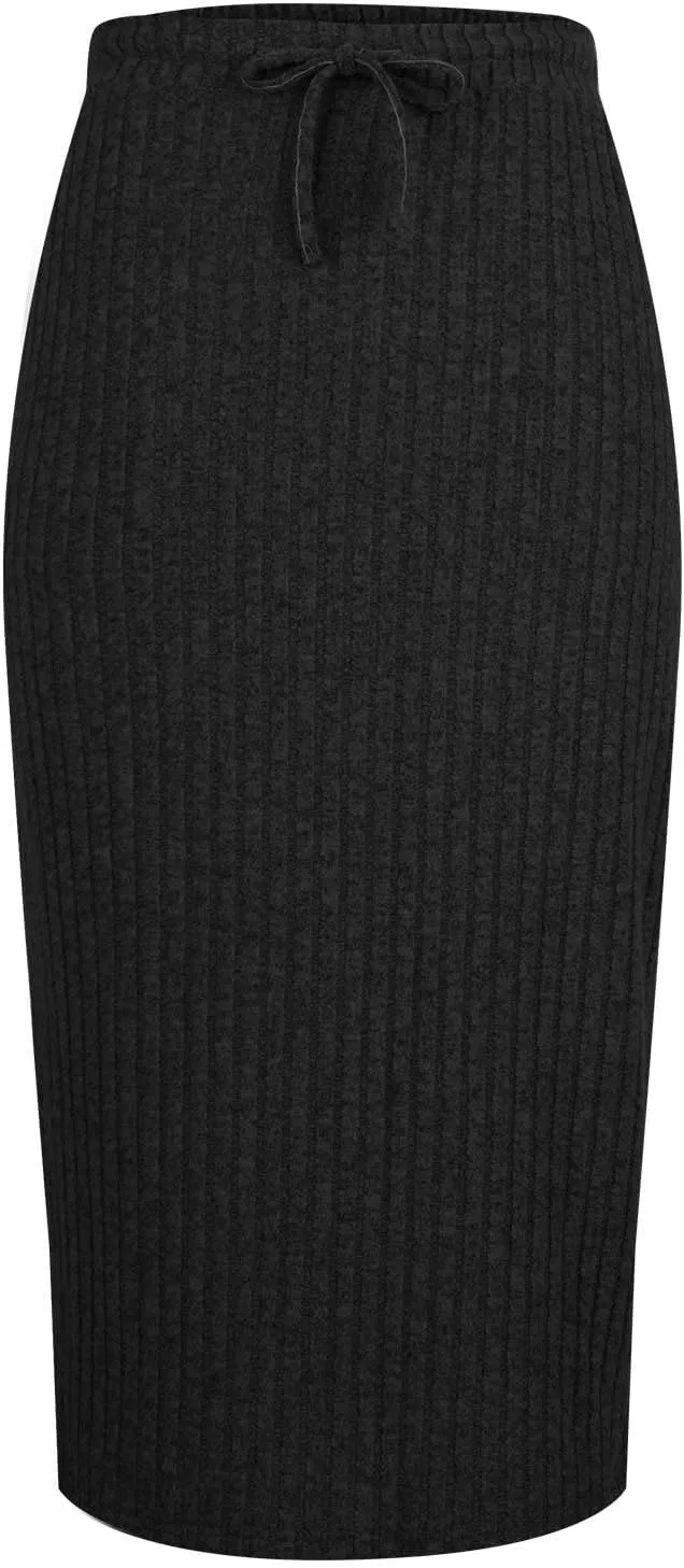 Long Midi Skirts for Women Dressy Casual Drawstring Elastic High Waisted Ribbed Knit Sweater Skirt with Pockets